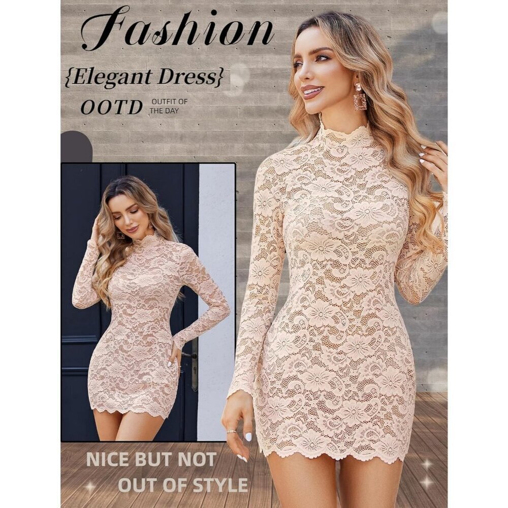 Womens Champagne Sheer Lace Long Sleeve Mini Dresses for Party outfit - Picture 2 of 6